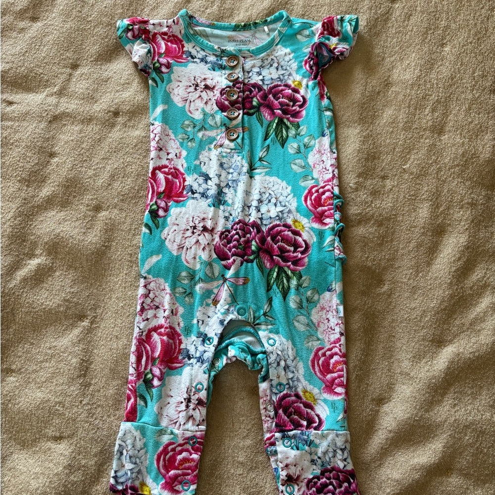Posh Peanut Turquoise Floral Romper with Pink Accents